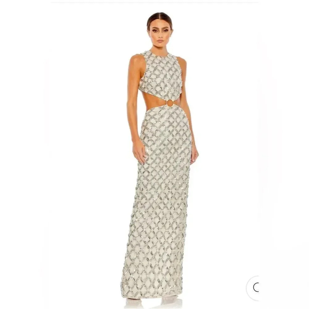 NEW Mac Duggal EMBELLISHED HIGH NECK CUT OUT GOWN